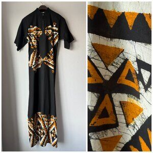 Vintage Batik Printed Boho Black Orange Geometric Pattern Maxi Dress M/L Tall